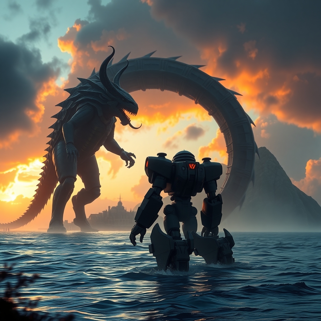 A colossal robot facing a sea monster over a coastal island at dusk