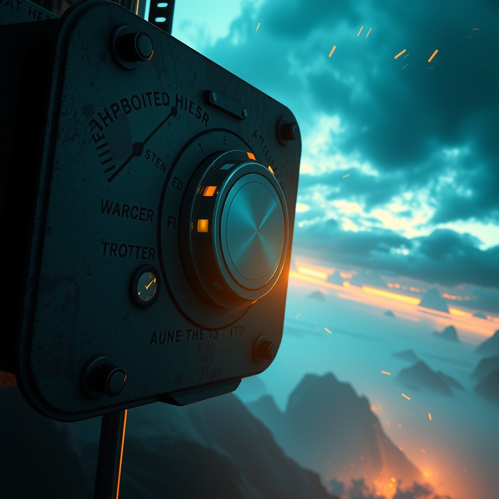 A dial being turned down on a glowing control panel above a stormy battle royale island
