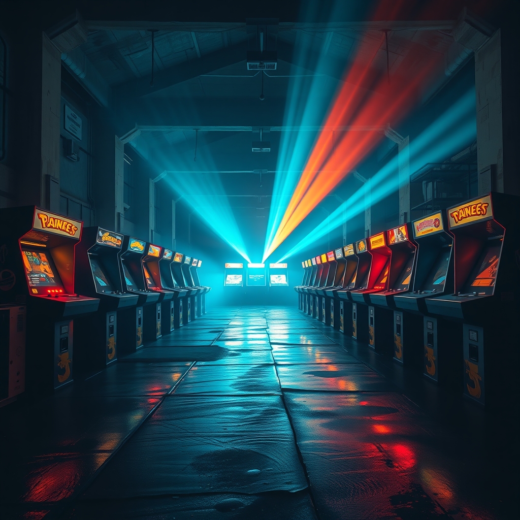A row of glowing arcade cabinets switching on at once inside a dark warehouse