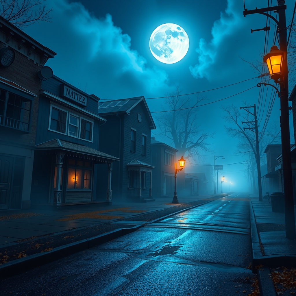 A fog-filled small-town street at night with boarded windows and one lit porch