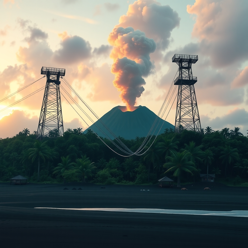 A volcanic tropical island at dusk with zip lines strung between industrial towers