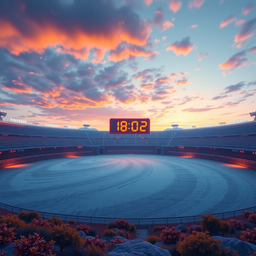 A countdown clock of light above an empty island arena at dusk