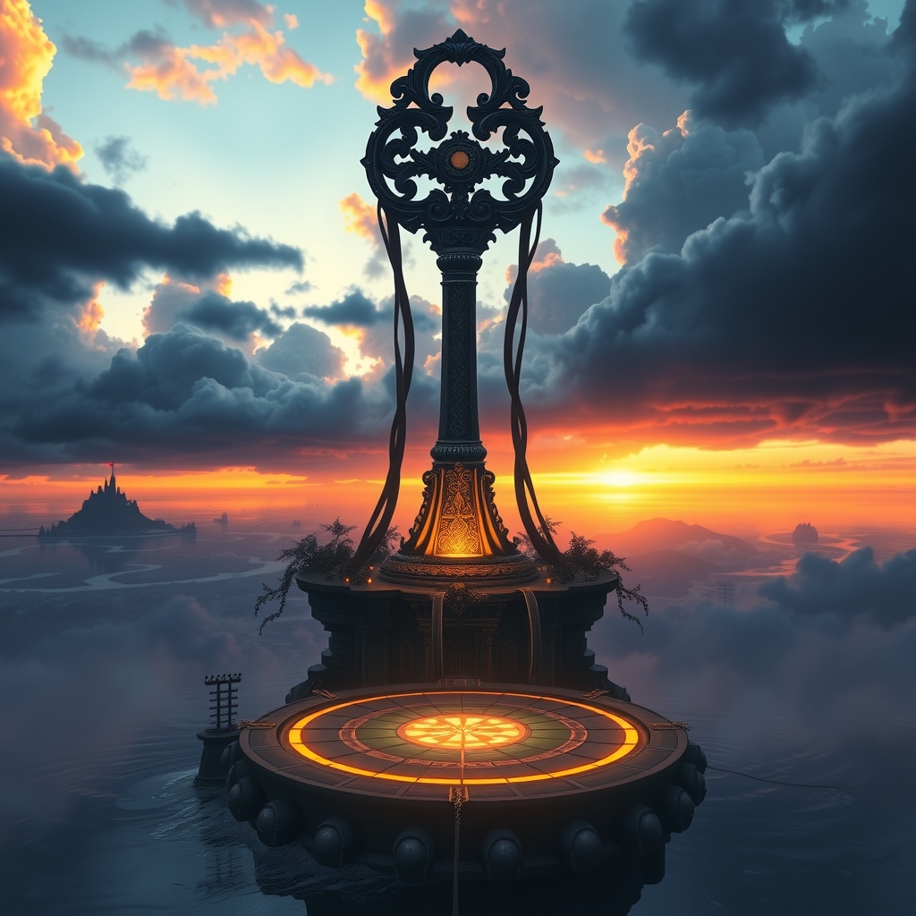 A giant ornate key standing on a floating island above a glowing stained-glass platform at dusk