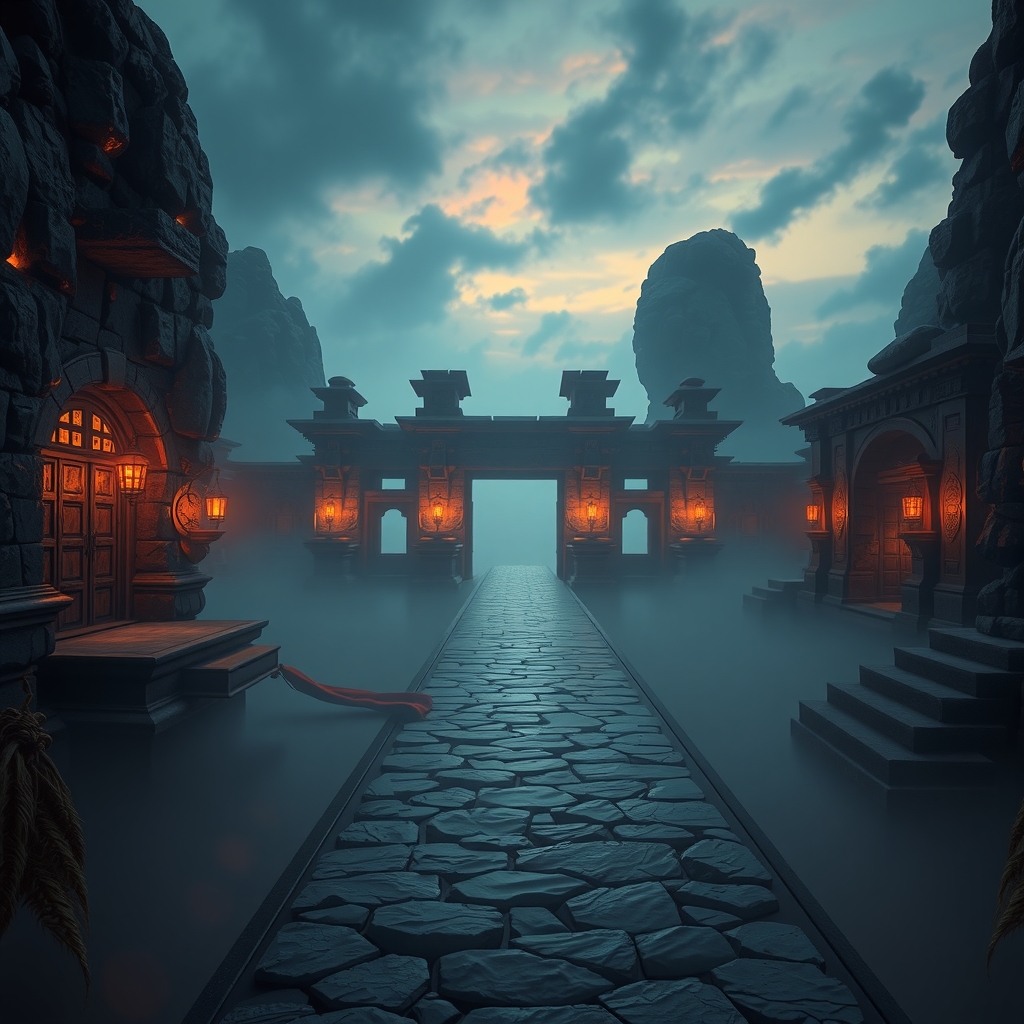 A dim stone temple corridor on a floating island at dusk