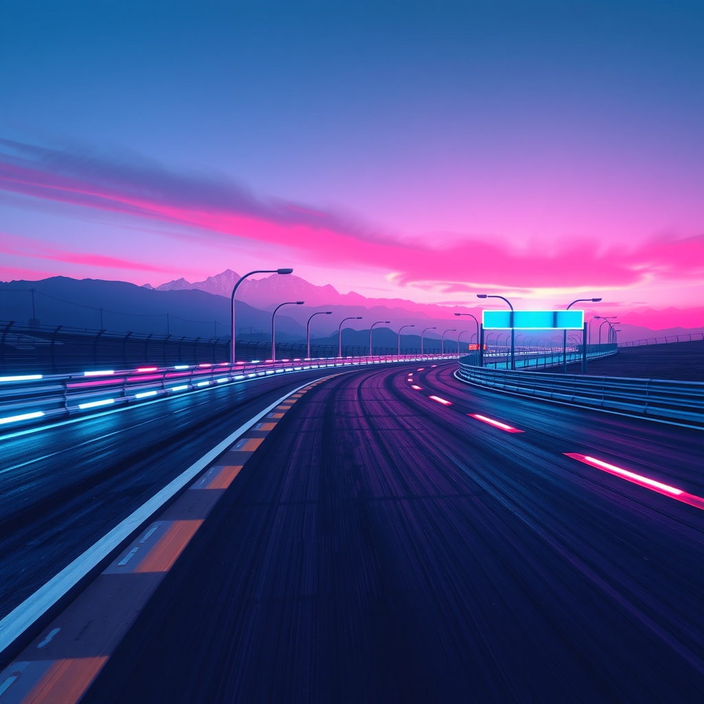 An empty neon racetrack at dusk with no cars on it