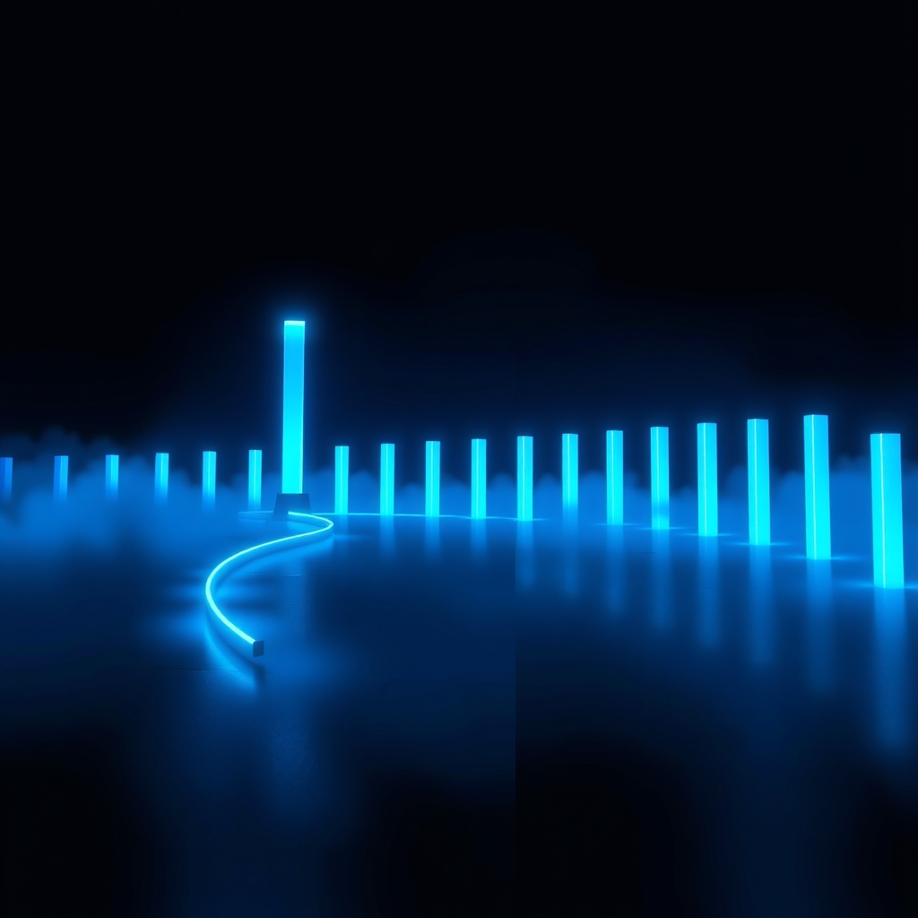 A long, flat row of glowing pillars with a single towering spike at one end, representing a skewed earnings distribution