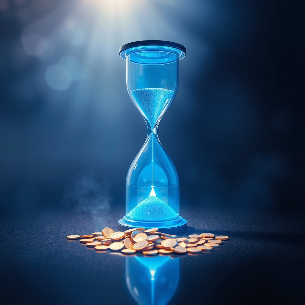 An hourglass on a dark floor with points of light falling through it, representing a closing revenue-share window
