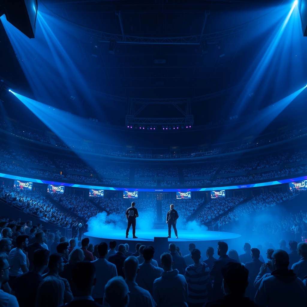 A packed indoor esports arena at night with two competitors silhouetted on a lit stage