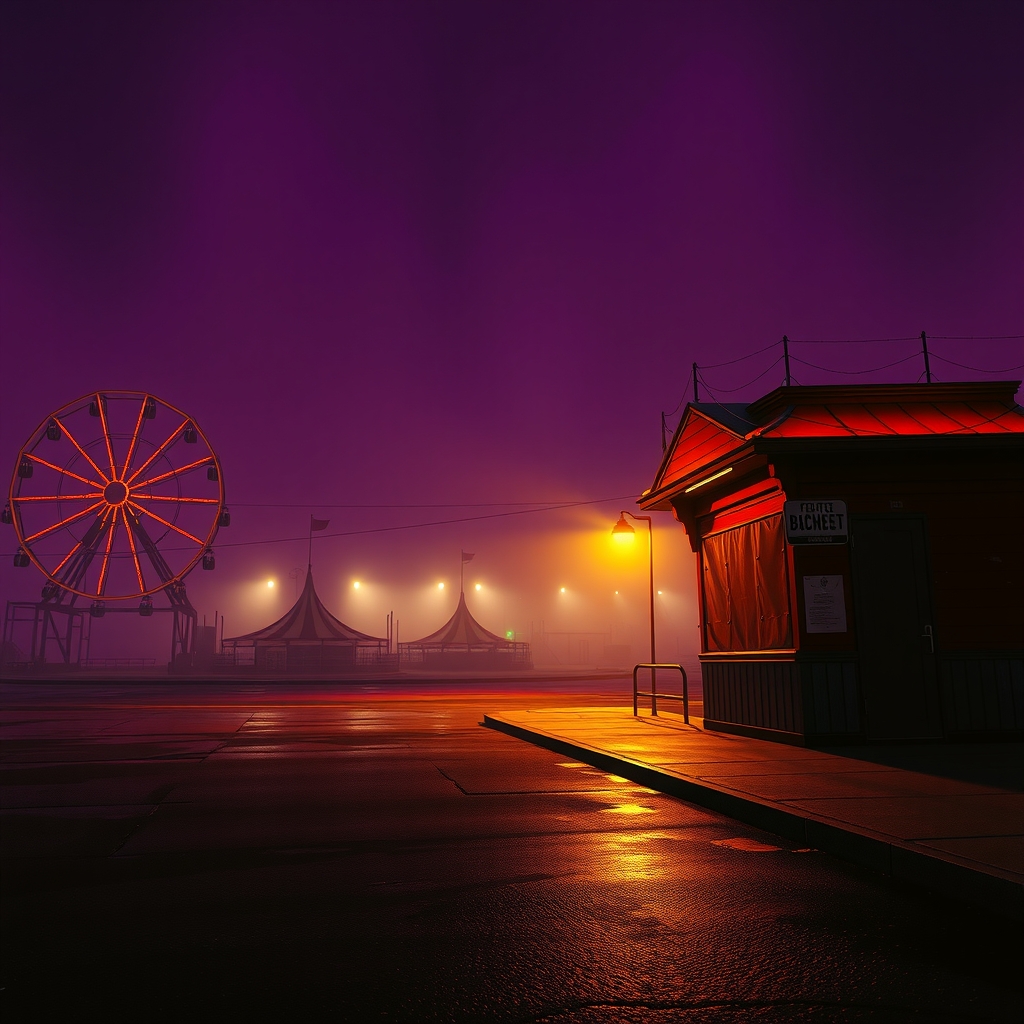 An abandoned carnival at night in orange fog, with an empty ferris wheel and a flickering lamp