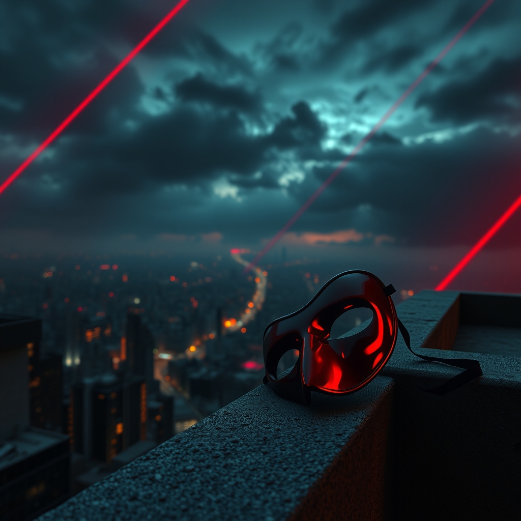 A crimson masquerade mask resting on a rooftop ledge above a city at night, with red light streaks across the sky